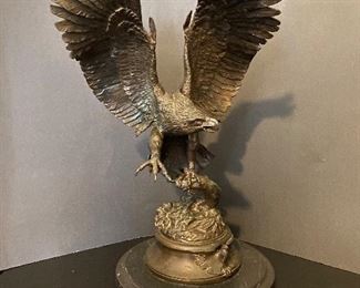 "The Eagle" bronze by Max Turner .  Signed on the backside of the base, "1981 Max Turner".    Max Turner has had a long art career in painting and sculpture work.  His bronze work typically were copies of antique bronzes he purchased and  would recreate using the lost wax method.    This is very similar to an Eagle bronze by French sculptor, Jules Moigniez      (Photos by BC) 