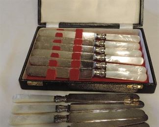 KNIFE SET WITH MOTHER OF PEARL HANDLES WITH STERLING, ENGLAND