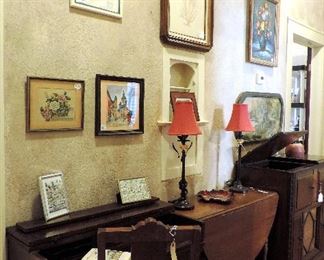 ANTIQUE WRITING DESK, DROP LEAF TABLE, STEREO CABINET & ART