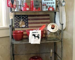 BRUSHED STEEL BAKERS RACK  WITH KITCHEN ITEMS & DECOR