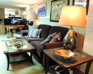 LANE  FULL SIZE SOFA, SET OF 2 GLASS TOP END TABLES & COFFEE TABLE, PAIR OF GLASS MOSAIC LAMPS AND DECOR