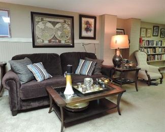 LANE BROWN FULL SIZE SOFA, GLASS TOP COFFEE TABLE & END TABLES, DECOR, FRAMED OLD WORLD MAP PRINT & VICTORIAN SLIPPER CHAIR