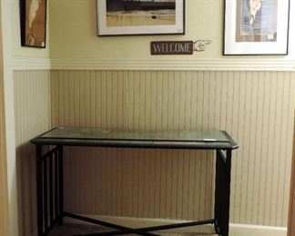 LOCAL BIRD PHOTOGRAPHS AND BLACK METAL SOFA TABLE WITH TILE TOP