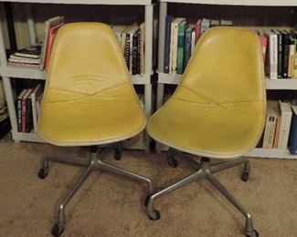 PAIR OF CHARLES EAMES FOR HERMAN MILLER  FIBERGLASS SWIVEL DESK CHAIRS IN YELLOW VINYL