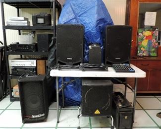 SAMPSON PA SYSTEM: 2 SPEAKERS WITH STANDS, MIXER, SUB WOOFER, 2 SURE MICROPHONES & STANDS WITH CORDS                                             ELECTRONICS, STEREO COMPONENTS  & PORTABLE PA