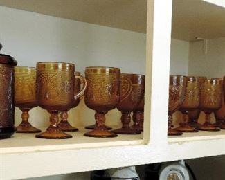 TIARA GLASSWARE, INDIANA  GLASS, SANDWICH PATTERN: CANNISTER, FOOTED MUGS, WINE GOBLETS, WATER GLASSES & FOOTED ICE TEA