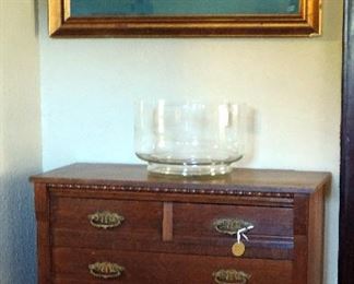 OAK CHEST,  LARGE CRYSTAL PUNCH BOWL & FRAMED SHIP PRINT RMS CARONIA, CUNARD LINE