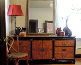 MID CENTURY BIRDS EYE MAPLE DRESSER, MIRROR & DECOR