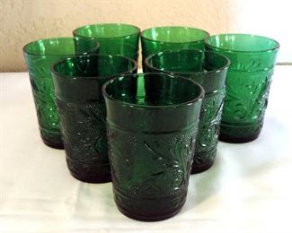 FOREST GREEN DEPRESSION GLASS 4" TUMBLERS BY ANCHOR HOCKING, SANDWICH PATTERN