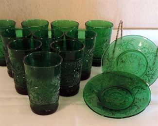 FOREST GREEN DEPRESSION GLASS 3 1/2" JUICE GLASSES AND SMALL PLATES BY ANCHOR HOCKING, SANDWICH PATTERN