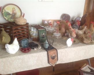 Collection of roosters and chickens with large variety of decorative items...antique egg basket, Humpty Dumpty wood crate