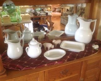 Ironstone....presale pitcher at $65, creamer $25, sugar $30, small trays...$12 each.