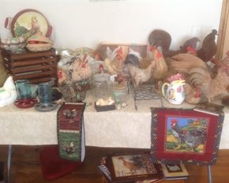 Large collection of chickens, glass eggs, roosters and other decorative items.  All presale.