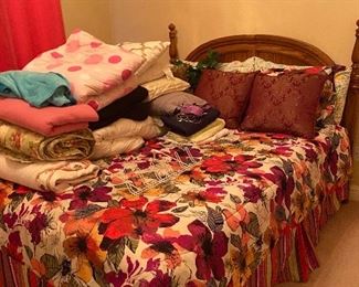 Queen Size Bed, Comforter, Throw Pillows, Nightstand, Assorted Linens