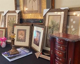 Assorted Household Decor Framed Prints, Mahogany Colored Jewelry Box