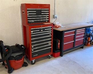 $300 CRAFTSMAN  12 DRAWER ROLLER CABINET 
AND CRAFTSMAN 10 DRAWER TOOL CHEST SET
ROLLING CABINET MEASURES 26.5”L x 18”D x 40.5”H
CHEST MEASURES 
71”L x 20”D x 33.5”H
 
$110 CRAFTSMAN 8 DRAWER WORKBENCH 
26”L x 12”D x 19”
