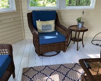 $750 HAMPTON BAY RATTAN 5 PIECE PATIO FURNITURE 
3 SEAT SOFA
COFFEE TABLE WITH GLASS
ROUND TABLE WITH GLASS
SWIVEL ROCKING CHAIR
ARMCHAIR