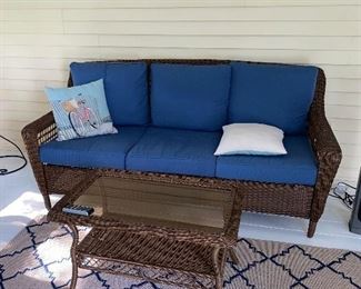 $750 HAMPTON BAY RATTAN 5 PIECE PATIO FURNITURE 
3 SEAT SOFA
COFFEE TABLE WITH GLASS
ROUND TABLE WITH GLASS
SWIVEL ROCKING CHAIR
ARMCHAIR
