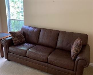 $500 ETHAN ALLEN 3 CUSHION BROWN LEATHER SOFA 
87” L x 37.5” D x 36”H 