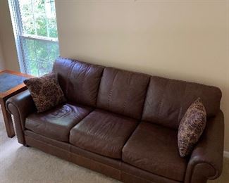 $500 ETHAN ALLEN 3 CUSHION BROWN LEATHER SOFA 
87” L x 37.5” D x 36”H 