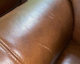 $500 ETHAN ALLEN 3 CUSHION BROWN LEATHER SOFA 
87” L x 37.5” D x 36”H 