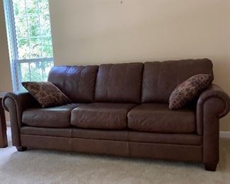 $500 ETHAN ALLEN 3 CUSHION BROWN LEATHER SOFA 
87” L x 37.5” D x 36”H 