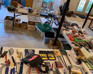 LOTS OF HAND TOOLS / WRENCHES / SCREWDRIVERS / HAMMERS / ELECTRIC WIRING 