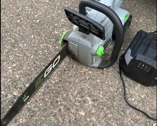 $145 EGO 14 IN. 56V LITHIUMION CORDLESS ELECTRIC CHAINSAW, BATTERY AND CHARGER
