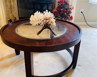 $85 LARGE ROUND WOOD & GLASS COFFEE TABLE
34”DIA x 19”H