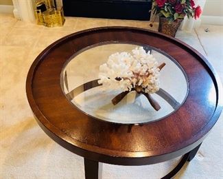 $85 LARGE ROUND WOOD & GLASS COFFEE TABLE
34”DIA x 19”H