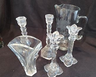 crystal candlesticks, vase, and pitcher