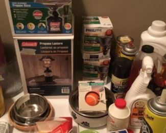 Camping items, dog bowls, cleaning items