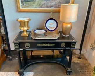 Empire Style Console Table - $550; Gold Porcelain Urn - $125; Hand-painted and signed Limoges Fish Service - $400; new gold Lamp - $319