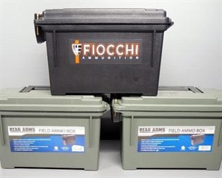 Plastic Ammo Cans, Qty 3, Brands Include Fiocchi And Bear Arms, Approx 7" High x 10" Wide x 4.5" Deep