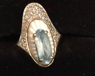 Genuine Art Deco world-renowned Artisan Erte “Alouette” 2.28ctw BlueTopaz Diamond and Mother of Pearl 14k Yellow Gold Ring