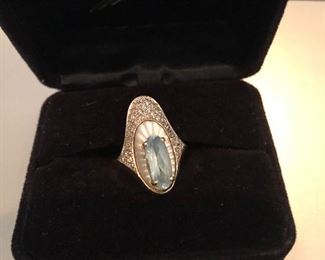 Genuine Art Deco world-renowned Artisan Erte “Alouette” 2.28ctw BlueTopaz Diamond and Mother of Pearl 14k Yellow Gold Ring