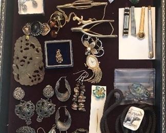 More costume jewelry: some silver pieces, scrimshaw bolo