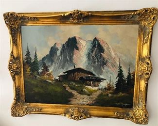 German painting on board in gilt frame (framed size 25” x 33”)