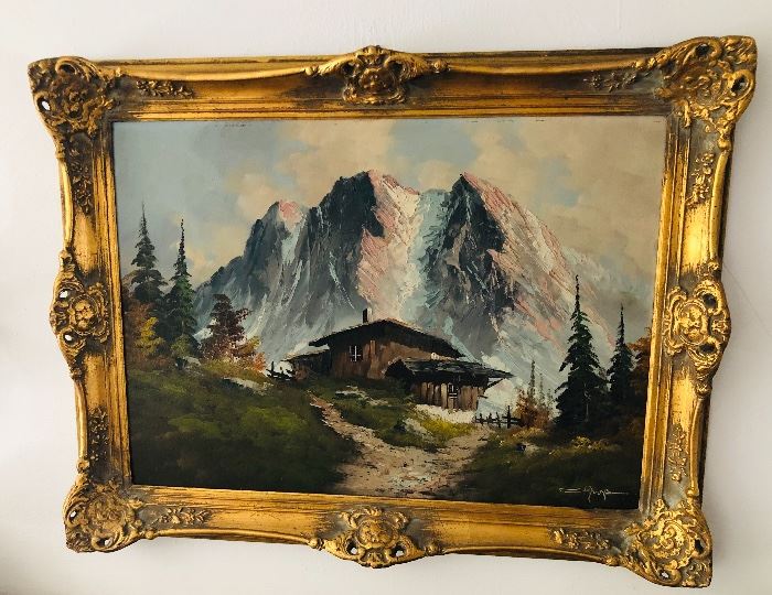 German painting on board in gilt frame (framed size 25” x 33”)