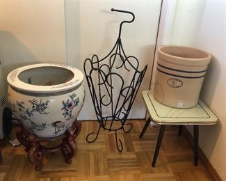 Asian planter with stand, black metal umbrella stand, cute stool + Marshall Pottery 2 gallon crock (Texas)