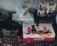 More kitchen: Food processor, Braun juicer, springform pans, Krups meat slicer, toaster, slow cooker (new in box)
