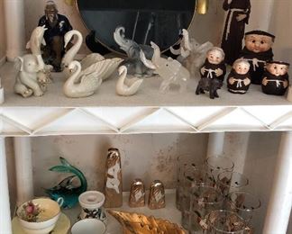 Lenox animals, onyx elephants, Chinese mud man, Goebel monk salt & pepper + pitchers, assorted cups & saucers, gold ashtray