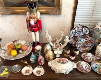Marble fruit & bowl, soldier nutcracker, German candles, German covered dish & candlesticks with roses