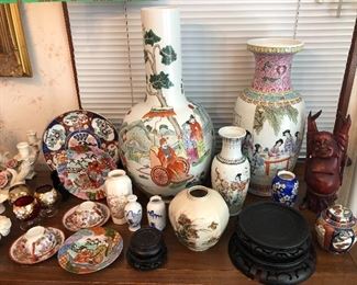 Japanese plates & cups + saucers, Chinese vases, carved wooden Buddha, wooden vase stands