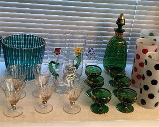 Fun glasses: striped set of 6 with ice bucket, German beer glasses, green “Mars  Kristall” liqueur set w/ decanter, set of 8 frosted polka dot tumblers
