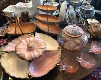 Vintage pink & white lazy susan, pink Depression glass punch jar & 6 cups, wooden tiered server & basket