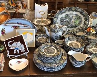 Royal Albert Old Country Roses heart dish & rectangular tray, shell covered box, Austrian animal tiles, set of Enoch Woods “English Scenery” transferware dishes (55 pieces - service for 8)
