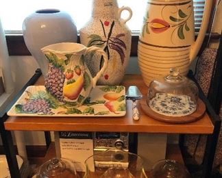 Italian tray & pitcher w/ fruit, Scheurich ewer & 20” tall pitcher, cheese domes, Emerson stereo CD + cassette player w/ remote