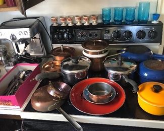 Breville espresso machine, copper cookware incl. double boiler, Le Creuset enamel pots (blue #18 & 22 with skillet lid, yellow #___), other cookware