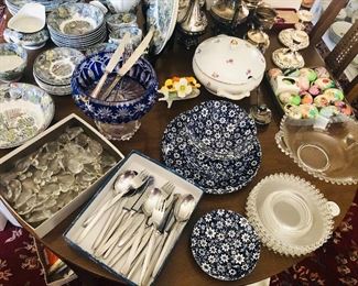 Chandelier crystals, Polish blue cut crystal footed bowl, Johnson Bros. “Country Cupboard” blue & white dishes, Candlewick bowl & 7” plates, blown & painted (Easter) eggs